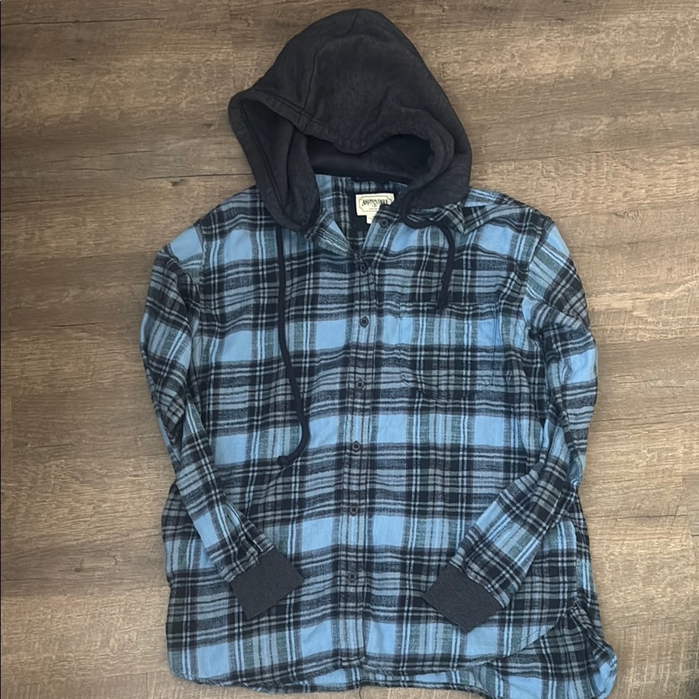 American Eagle Outfitters Blue Plaid Button Down Shirt with Hood